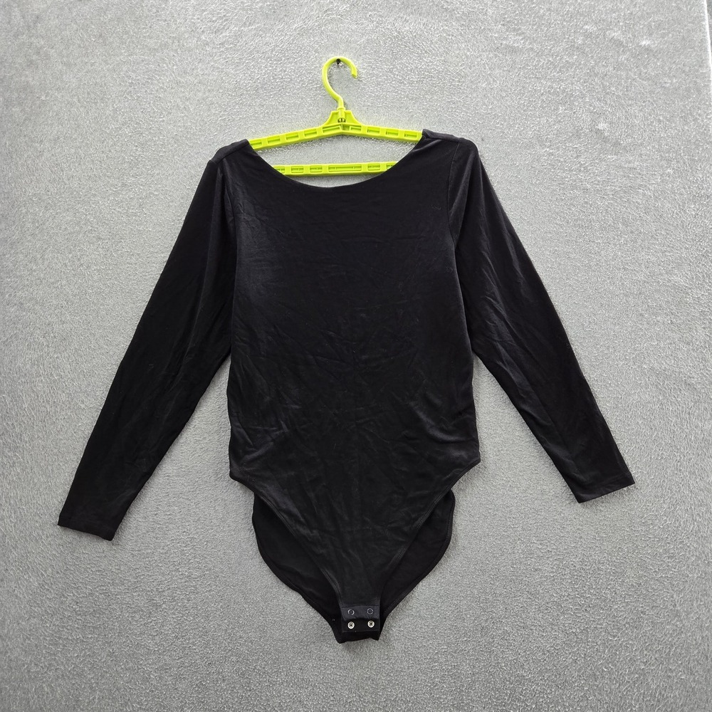 Old Navy Women Bodysuit XL Black Snap Scoop Neck Long Sleeve NWT